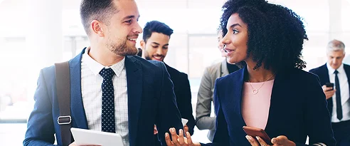 Two people discuss about corporate business