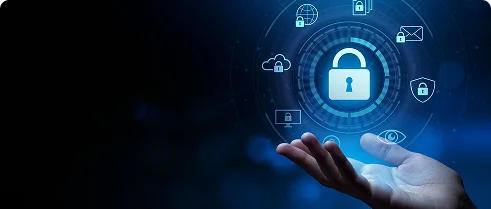 various security symbols, representing cybersecurity and data protection.