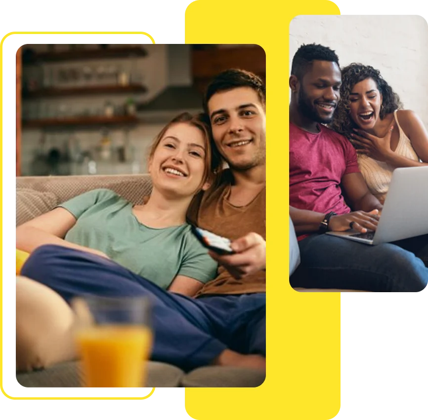 Two pairs of people relax together while enjoying entertainment at home, one pair watching TV and the other using a laptop.